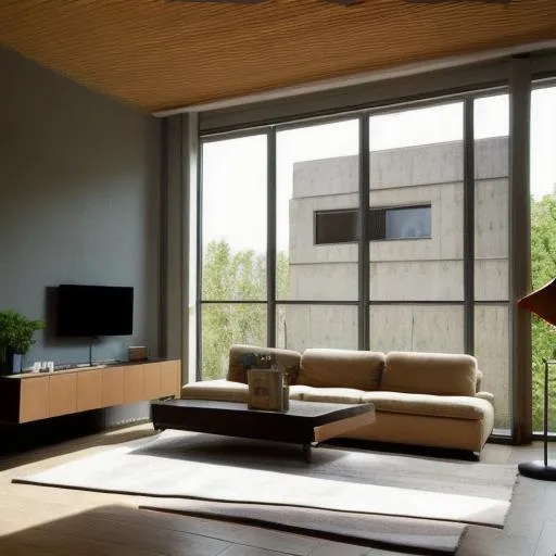 Prompt: brutalist architecture living room. with lots of natural light