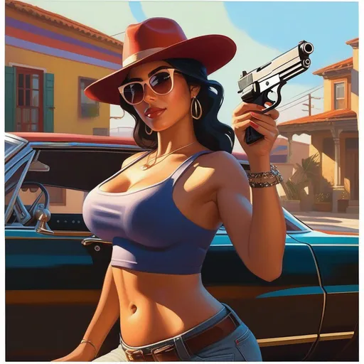 Prompt: Nerdy Latina woman in GTA, guns, cartoony, sunny atmosphere, extremely detailed painting by Greg Rutkowski and by Henry Justice Ford and by Steve Henderson