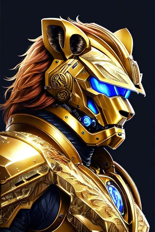 Prompt: Poster art, high-quality high-detail highly-detailed breathtaking hero ((by Aleksi Briclot and Stanley Artgerm Lau)) - ((a lion)),  highly detailed female lion mech suit, 8k black and gold helmet, battle damaged,  highly detailed lion helmet, add some silver, glowing chest emblem ,carbon fibre helmet, lion mech armor, lion head, detailed fur, detailed carbon fibre mech suit, full body, black futuristic mech armor, wearing mech armour suit, 8k,  full form, detailed forest wilderness setting, full form, epic, 8k HD, ice, sharp focus, ultra realistic clarity. Hyper realistic, Detailed face, portrait, realistic, close to perfection, more black in the armour, full body, high quality cell shaded illustration, ((full body)), dynamic pose, perfect anatomy, centered, freedom, soul, Black short hair, approach to perfection, cell shading, 8k , cinematic dramatic atmosphere, watercolor painting, global illumination, detailed and intricate environment, artstation, concept art, fluid and sharp focus, volumetric lighting, cinematic lighting, 
