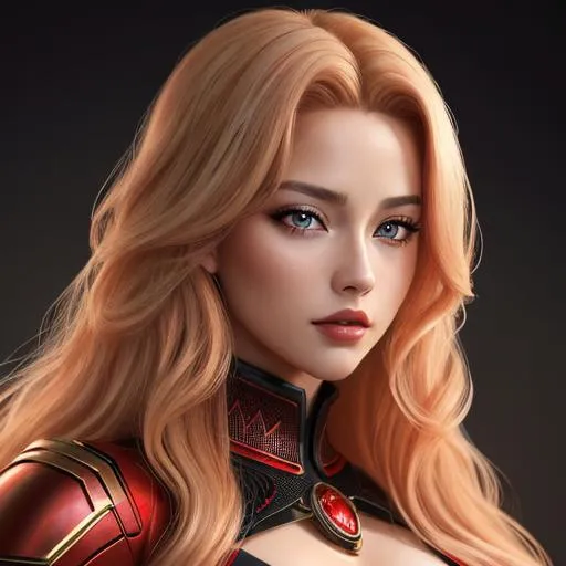 Prompt: A hyper realistic detailed image of a ((sexy woman)) with (((blonde hair))) (((RED eyes))) with ((sexy RED and BLACK outfit)), with a plunging neckline, balayage wild hair, highly detailed, digital painting, Trending on Deviantart, HD quality, ((by JuneJenssen)).