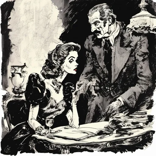 Prompt: (Vincent Price with a pencil thin mustache conversing with Bella Lugosi), Black and White pen and ink sketch style, dark color scheme, elegantly gothic attire, intricate details, dim lighting, dramatic shadows, opulent background, luxurious textures, ornate furniture, deep reds and blacks, baroque patterns, solemn atmosphere, rich color tones, dark romanticism, ultra-detailed, 4K, photorealistic masterpiece, timeless elegance.