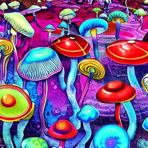 Prompt: Digital art epic perspective wallpaper art, 5 brightly colored and psychedelic mushrooms. Street art style, background art. Epic perspective ultra detailed digital art