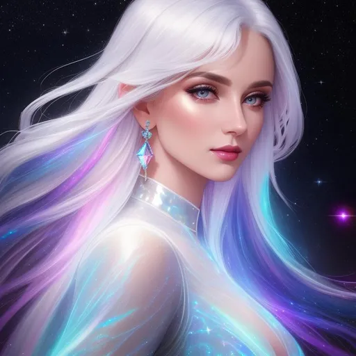 Prompt: portrait photo, cosmic Beauty, transparent white hair with cosmic highlights, holographic clothes, heavenly beauty, nebula in the background, 8k, 50mm, f/1. 4, high detail, sharp focus, perfect anatomy, arms behind back, highly detailed, detailed and high quality background, oil painting, digital painting, Trending on artstation , UHD, 128K, quality, Big Eyes, artgerm, highest quality stylized character concept masterpiece, award winning digital 3d, hyper-realistic, intricate, 128K, UHD, HDR, image of a gorgeous, beautiful, dirty, highly detailed face, hyper-realistic facial features, cinematic 3D volumetric, illustration by Marc Simonetti, Carne Griffiths, Conrad Roset, 3D anime girl, Full HD render + immense detail + dramatic lighting + well lit + fine | ultra - detailed realism, full body art, lighting, high - quality, engraved | highly detailed |digital painting, artstation, concept art, smooth, sharp focus, Nostalgic, concept art,