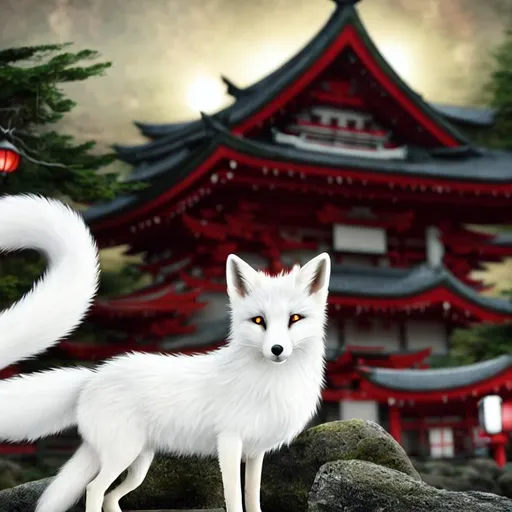 Prompt: Photorealistic, white fox with long ears, red-glowing eyes, red feet, and one very long, fluffy tail and four legs, standing on a grey rock, in front of a big, photorealistic, red japanese temple with green roof, and tall, green pine trees behind, dim light in the sky and photorealistic hanging lanterns in the foreground