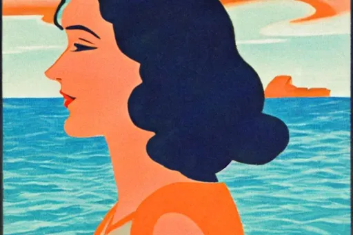 Prompt: Side profile of a woman with long brown hair. She looks out to the sea and feels happy and free. blue and orange are dominant colours. Art deco style 