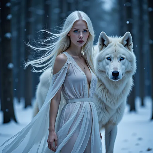 Prompt: she has blue glowing eyes, she has long white hair vigorously  blowing hair in the wind it is a snow storm out she is in a forest clearing ice glitters in the trees it is midnight, she is wearing a loose thin shift everything is tinted blue a very large white wolf stands beside her