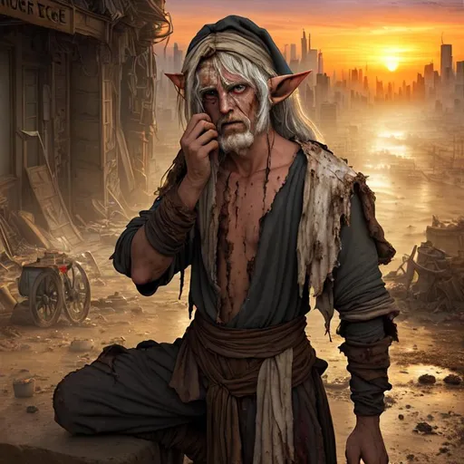 Prompt: Epic Splendid Grand 3D HD Majestic Exhausted, filthy, dusty {Man}Elf dressed as Beggar, sunset, hyper realistic, 4K expansive Urban background --s99500