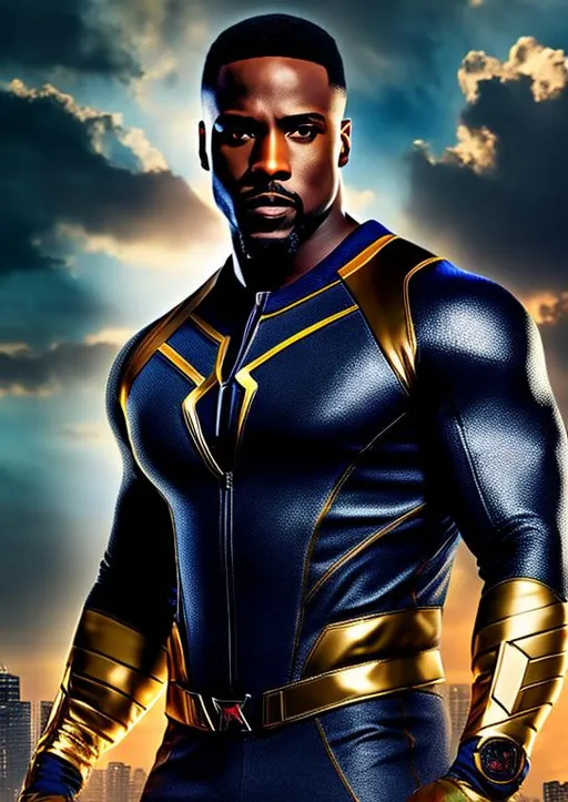 Prompt: High-resolution hyperrealistic photo of avenger {{falcon} sam wilson} merged with [power-man] {luke cage}, blue-grey and gold costume, uhd, hdr, 64k