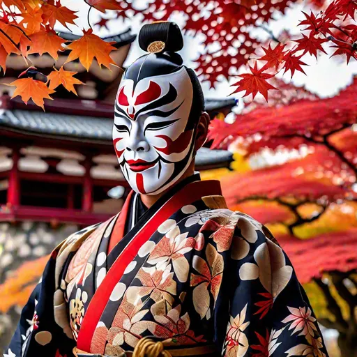 Prompt: photo of a Japanese kabuki man Persona, wearing a Shitenno kabuki face mask, intricate majestic Kabuki costume, performing a Kiza stance, Himeji Castle in the background, surrounded the Japanese maple tree with its beautiful red leaves in the fall, intricate details, highly detailed, rotations angle 0°, 8k, photography, Pov, 