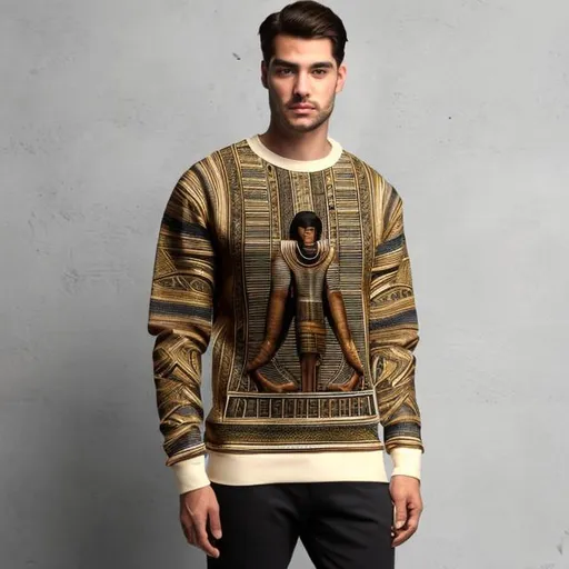 Prompt: Men's winter wool sweatshirt inspired by the ancient Pharaonic civilization and written on it in black color in the ancient Egyptian language I am Egyptian