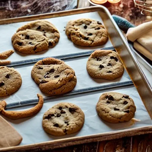 Prompt: baking cookies, cookie tray, oven, cozy, beautiful lighting, 