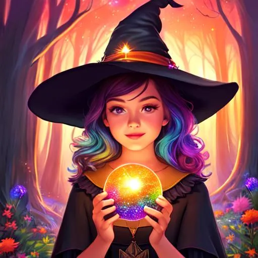 Prompt: a young witch with short multicolored hair, Disney style, witch hat, forest, flowers, sunset, galaxy, soft light, art, painting, sweet, fireflies, pastel, holding a crystl ball