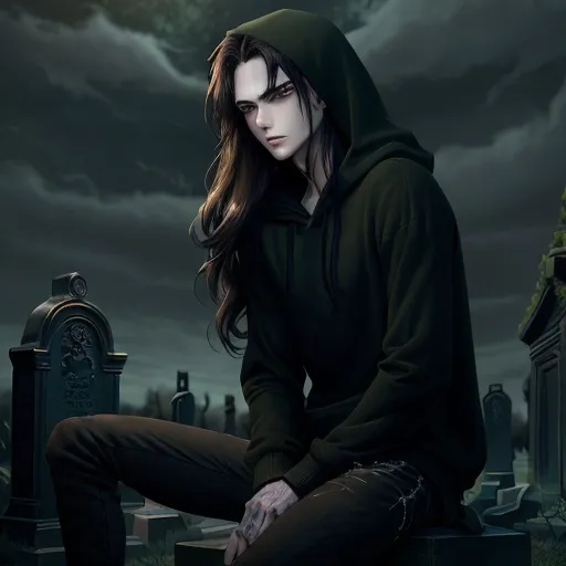 Prompt: Anime illustration of a man with long dark brown hair, soft green eyes, a carefree look, wearing a black hoodie and skinny jeans, sitting in a cemetery, gothic anime style, detailed facial features, anime, moody lighting, dark and eerie atmosphere, detailed hair, somber mood, highres, detailed, anime, gothic, dark tones, atmospheric lighting