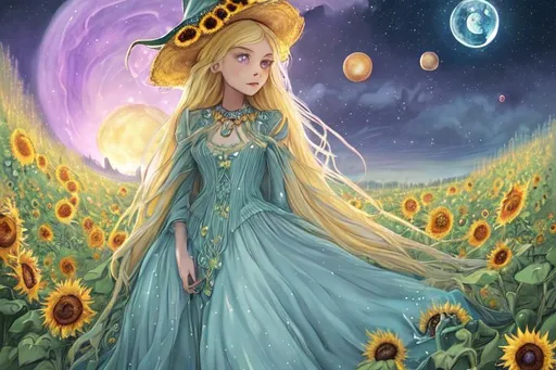 Prompt: Witch, aesthetic, pastel, beautiful, long flowing detailed dress, blonde hair, painting, fairycore, cute, sunflowers, beautiful large blue eyes, soft, art, rpg, sweet, crystals, green garden , highres, illustration, Steven universe, moon, stars, sunset, space, using tarot cards