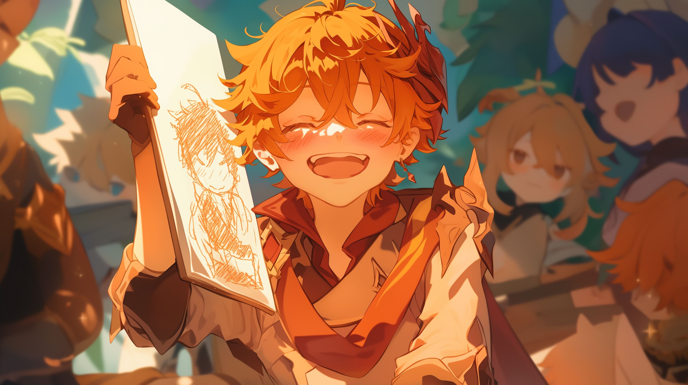 Prompt: Tartaglia from Genshin Impact holding up a crayon drawing of himself thats poorly done, he seams proud of his drawing and is smiling widely and blushing, he is surrounded by several other ginger children that look much like he does; however about 5 years old (toddlers) --ar 16:9 --niji 6 