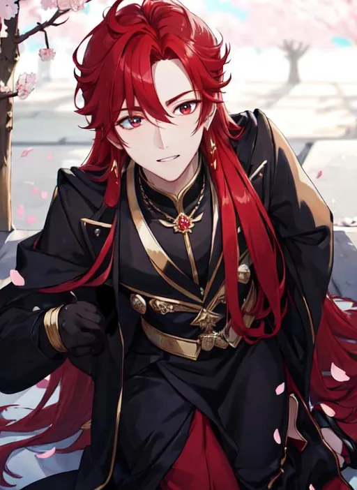 Prompt: Zerif 1male (Red side-swept hair covering his right eye) asking Haley to marry him, 8K, UHD, best quality, under the cherryblossom trees, wearing a casual outfit, red hair, on his knees proposing, ring in his hand, bowing