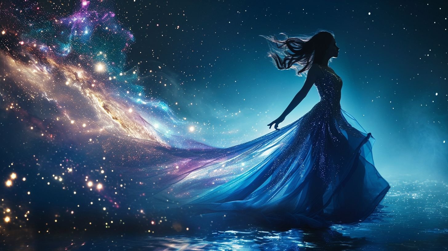 Prompt: Visualize a woman in a magnificent dress that resembles a cosmic galaxy. The dress is designed with a gradient of deep space colors, from the intense blues and purples of nebulae to the stark black of the void, sprinkled with stars and celestial bodies. It flows elegantly, defying gravity, as if she's floating through the cosmos. Her posture is majestic and serene, with her arms gently raised as if she's orchestrating the very movement of the stars. The backdrop is the infinite darkness of space, and below her, the reflective surface suggests she is hovering above a mirror-like lake that reflects the universe contained in her gown.