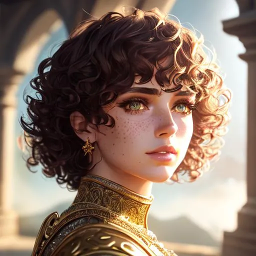 Prompt: cinematic shot, dnd, detailed face, detailed eyes, full eyelashes, detailed interior, ultra detailed accessories, short curly hair, bangs, freckles, 

((sunshine, very strong sunlight on face, cinematic lighting, volumetric lighting, beautiful shading, head light, back light, natural light, ray tracing, symmetrical)), (((masterpiece, professional, professional illustration))), Fantasy style,

UDR, HDR, 64k, masterpiece