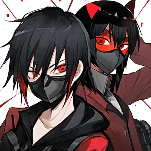 Prompt: Pyro  (black hair) (red eyes) wearing a gasmask