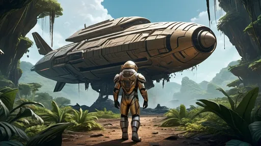 Prompt: a sole survivor cone-headed male annunaki explorer allalu wearing a fish-scale-space-suit walks toward camera away from a heavily-damaged-crashed-spaceship in the background, stranded all alone, thick jungle landscape