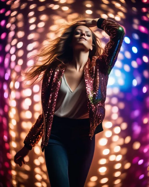 Prompt: A glamorous young woman flips her hair and dances under swirling disco lights, wearing a sequined jacket. Rim lighting accentuates her silhouette, shot with an 85mm lens wide open at f/1.2 on a Canon 1DX. The mood is lively, vibrant, weekend. In the style of fashion portraits