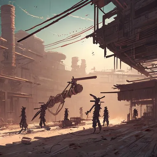 Prompt: Kenshi vibes crafting indoor machinery robots crafting benches, worktables, industrial atmosphere, digital art style abstract brushstrokes