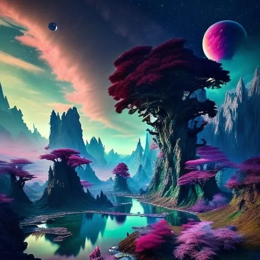 Prompt: Highly detailed fantasy planet landscape, moon, clouds, stars, planets, waterfalls, nebulae, mystical, light shafts, japanese maples, magenta-pink, green-cyan, dark-magenta, electric-blue, trending on artstation, beautiful, tonemapping, fantasy art, digital painting, hyperrealism, hyperdetailed, landscape, photorealistic, dramatic lighting, ray tracing, path tracing, vibrant, full shot