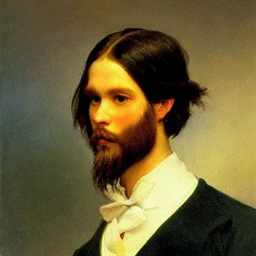 Prompt: man long brown hair portrait art Albert Bierstadt
