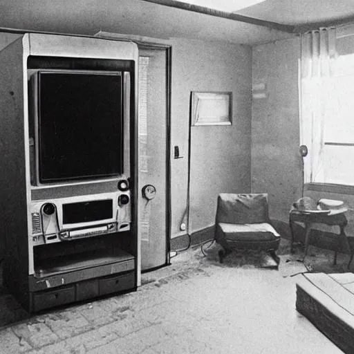 Prompt: A dark, dirty room in shades of yellow. In the corner of the room, there is a small size elevator. Next to the elevator, there is a very old television from the 1950s. On the other side of the room, there is a television from the 1970s.