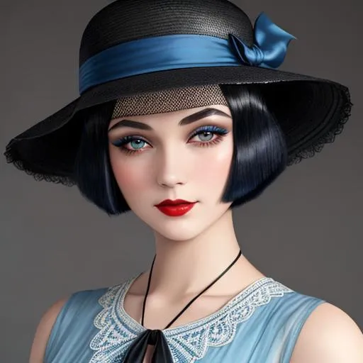 Prompt: a pretty girl  dressed in blue,  dark black hair, flapper, wearing a hat 1920's era, bob hair cut, 1920's era makeup, facial closeup