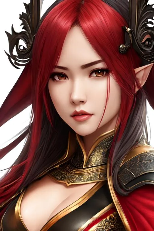 Prompt: 4K, photo realistic, Highly Detailed, hand drawn,  wide shot,  Trending on ArtStation, Unreal Engine, soft, lips, sharp chin,  colour, dark ambient , front view ,  Long and thin elf ears, female asian, knight, cute face, angry , dark long straight red hair, hair band, gloves, intricate  cape,  dress, katana, armored boots, night background, 