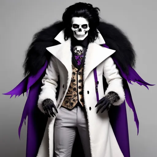 Prompt: Homestuck. Kurloz Makara. Fullbody view, plain background. Met gala, high quality render. High fashion. gray skin. Dark Carnival. Big fluffy black hair. Purple accents. Bones. Skull makeup