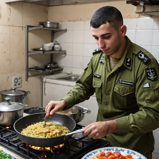 Prompt: IDF soldier cooking food for his comrades