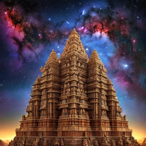 Prompt: Imagine a cosmic temple floating amidst the stars, with intricate celestial patterns adorning its grand architecture. Make the cosmos and the temple's design seamlessly intertwined