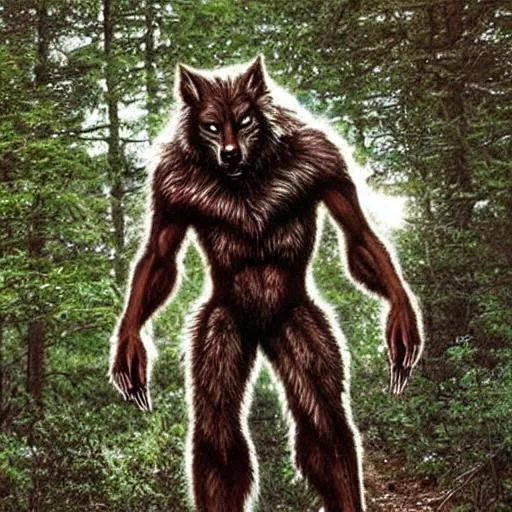 Prompt: Hyper realistic Bipedal Wolfman, or Werewolf, in forest, full moon, horror, terror, bodybuilding upper body Muscles , brown fur, with red eyes! Claws. 7 feet tall, and sinister, and battling Sasquatch! Vicious 