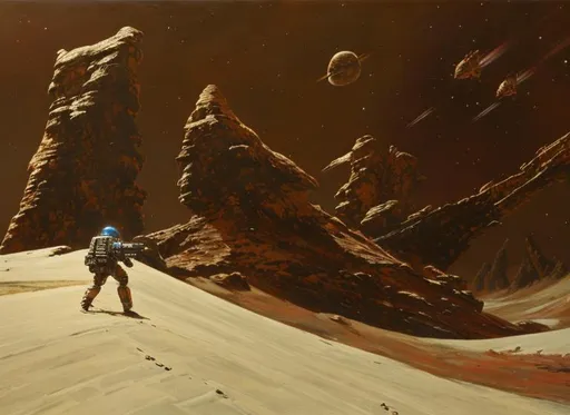 Prompt: phaser, dead, battle, action, war, spaceship, wreck, oil painting, hd quality, UHD, hd , 8k, hyper realism, panned out view resolution, spaceman, ancient, laser, explosion, many colours, spacewar, saucer, ice planet, rotting, rust, pew pew, beam, fire, explosion, dead planet, firepower, robots, zombies,