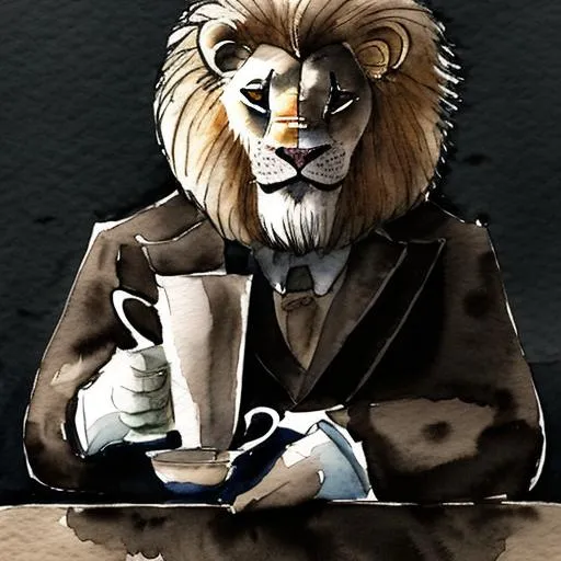 Prompt: a distinguished gentleman lion, standing and holding a steaming cup of coffee, head turned to side facing front, dark, watercolor