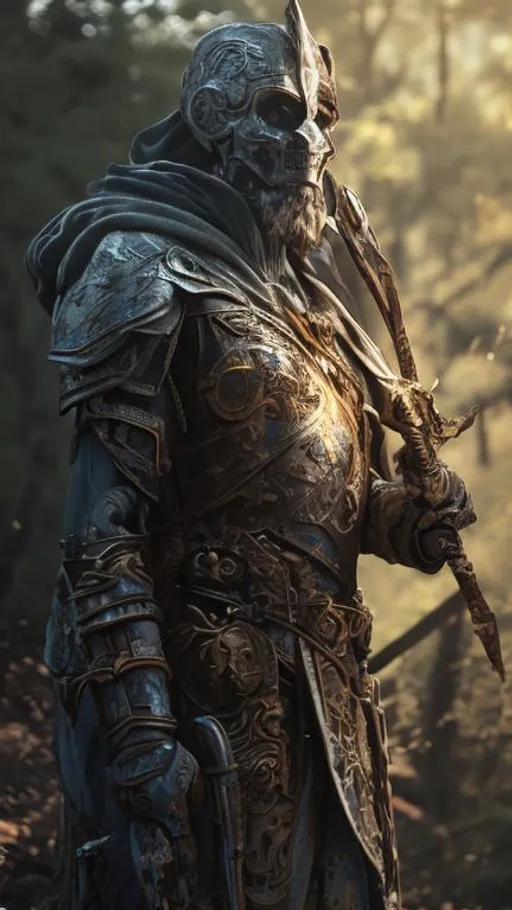 Prompt: runes and script gilded on the armor, nature, rusted, ancient, moss and dust covered, crucible knight concept, clad in tree bark ornamented armor, Wyrwood, runes gild the armor, a hand crossbow at the hip, scythe on the back, guardian to the sun, emblem of the sun, inquisitor for the solar church