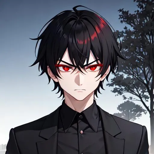 Prompt: Damien (male, short black hair, red eyes) in the park at night, casual outfit, dark out, nighttime, midnight, angry, stern look on his face