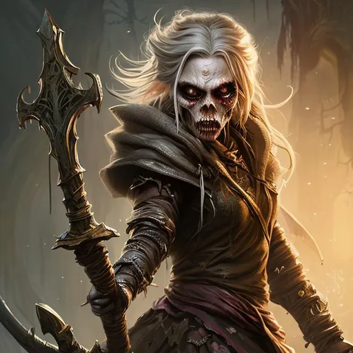 Prompt: Full body splash art of a sweet, youthful, female undead zombie sorceress, decaying, skull nose, blue eyes, very long brown blonde hair with bangs, wearing long light-colored iridescent robe, carrying a wooden staff, D&D, dnd, fantasy, highly detailed, sharp focus, digital painting, artstation, 4k, 8k