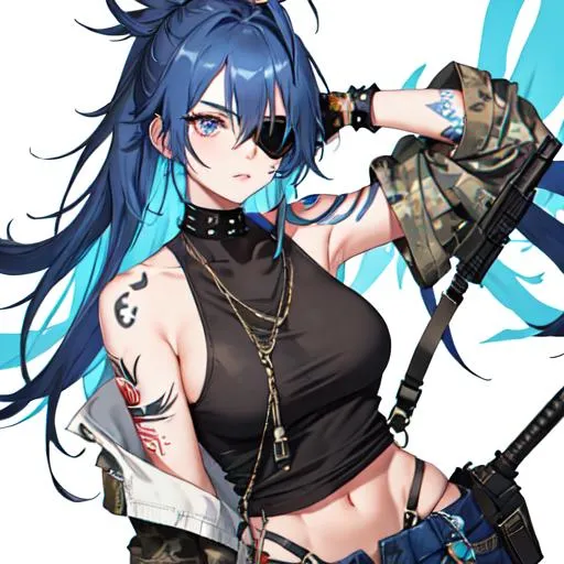 Prompt: (blue Messy hair with front spikes) wearing a eye patch that covers her right eye, wearing a white tank top and camo pants, tattoos on her arms, holding a gun