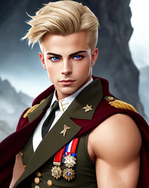 Prompt: Joey Lawrence, 23 years old, Austrian white military uniform, sleeveless, determined, fierce, hero, dirty, cloak, dramatic, human, cinematic lighting, caustic, cave background, blonde short hair, blue eyes, battlefield, ethereal, jewelry set,handsome, royal vibe, highly detailed, digital painting, Trending on artstation , HD quality, tan skin,artgerm, by Ilya Kuvshinov