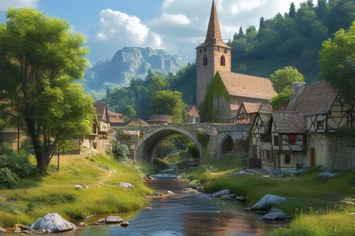 Prompt: Bustling medieval village, tall castle, ivy covered church, stone bridge over river, rolling forested hills, highres, detailed, medieval, summer atmosphere, immersive, historical, lush greenery, atmospheric lighting