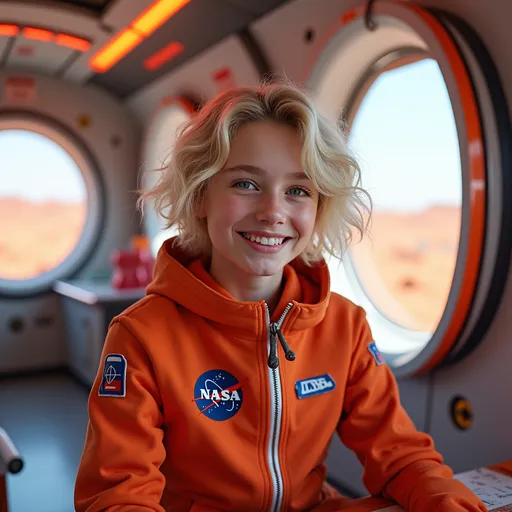 Prompt: (central content: girl, 19 years old, shortblonde, frizzy hair), bright smile, cute and pretty features, (NASA colors and style), huge spaceship backdrop, (comfortable and light elegant costume), futuristic design, Mars terraforming scene, vivid colors, spacious interior, ambient lighting, charming atmosphere, (HD, ultra-detailed), adventurous vibe, engaging expression, dynamic composition, striking visuals.