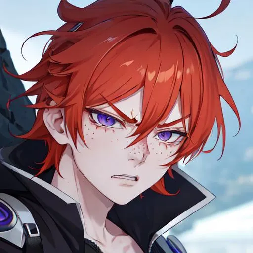 Prompt: Erikku male adult (short ginger hair, freckles, right eye blue left eye purple) UHD, 8K, Highly detailed, insane detail, best quality, high quality, in pain, angry