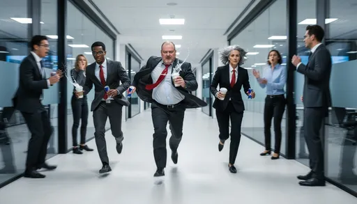 Prompt: @PWMcM7KfxAPGV6jd4DZZ @JhWXgZtYG2yCTTAUGXqc @gzylhhhogOVCypr2NAfR are sprinting down a sleek, modern office building hallway, charging forward with intense energy. Each person is holding coffee cups and Red Bull cans in both hands while running, liquid splashing slightly from the motion. They race past blurred coworkers who turn and react in surprise. Cinematic high-energy action shot, strong motion blur, dynamic lighting, dramatic perspective. Camera positioned slightly above, angled downward, tracking their movement. Shallow depth of field, crisp subjects with streaked background, modern corporate interior, polished floors, glass walls. Hyper-realistic, sharp detail, film still, high contrast, ultra-wide lens.