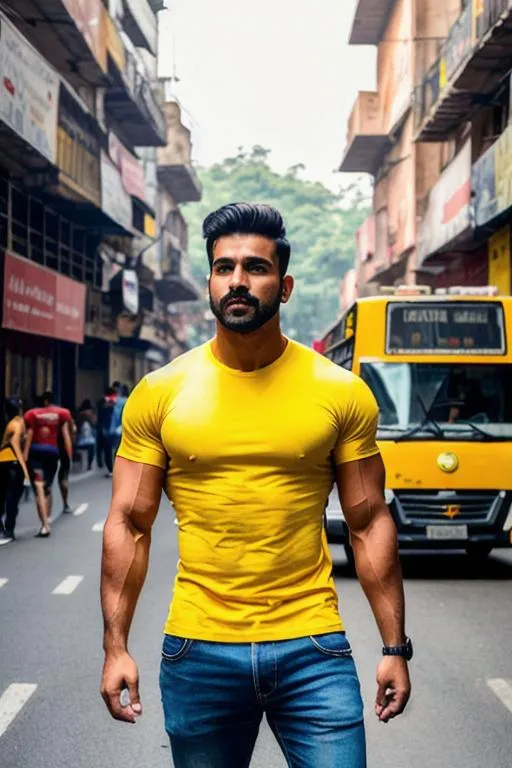 Prompt:  (a"delhi" rugged hypermasculine muscular man) wearing (yellow t shirt) (spitting on a street filled with traffic), arena, perfect composition, hyperrealistic, super detailed, 8k, high quality, trending art, trending on artstation, sharp focus, studio photo, intricate details, highly detailed, 
