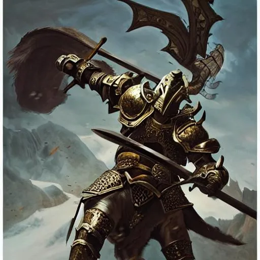 Prompt: portrait of a (Adult Dragonborn paladin in battle swinging a sword),wearing full plate armor, War background, D&D setting. perfect composition, hyperrealistic, super detailed, 8k, high quality, trending art, trending on artstation, sharp focus, studio photo, intricate details, highly detailed, by greg rutkowski and alphonse mucha