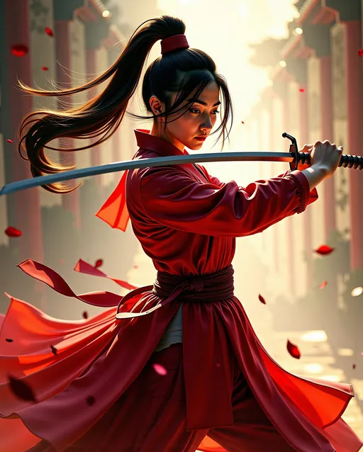 Prompt: photorealistic, (dynamic composition), beautiful girl in a battle-ready wuxia pose, low angle perspective, impressionist style, dramatic lighting, (soft brush strokes), capturing movement and raw emotion, influences of Claude Monet and Pierre-Auguste Renoir, vibrant color palette, high energy atmosphere, ultra-detailed, masterpiece quality.