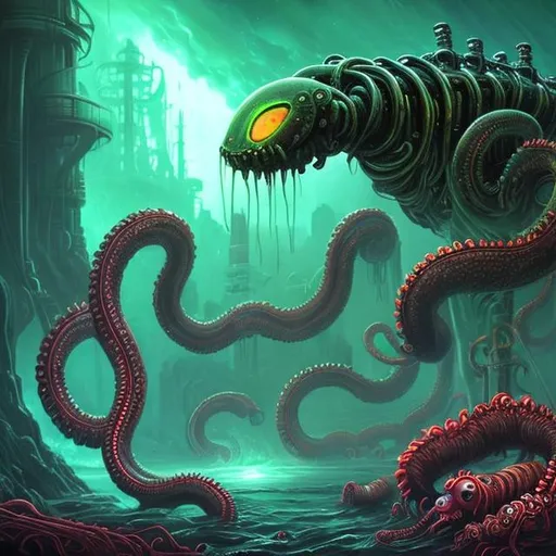 Prompt:  fantasy art style, painting, deep ocean, robotic, green, green lights, green neon lights, lightning, colourful, murky, H. R. Giger, waves, misty, biological mechanical, pipes, snakes, serpents, eels, tentacles, jellyfish, squid, giant robot, robot, machine, pregnant robot, war machine, inseminate, insemination, pregnancy, pregnant, mother, mother with pregnant belly, pregnant woman, futuristic, dystopian, alien, aliens, forced insemination, egg laying